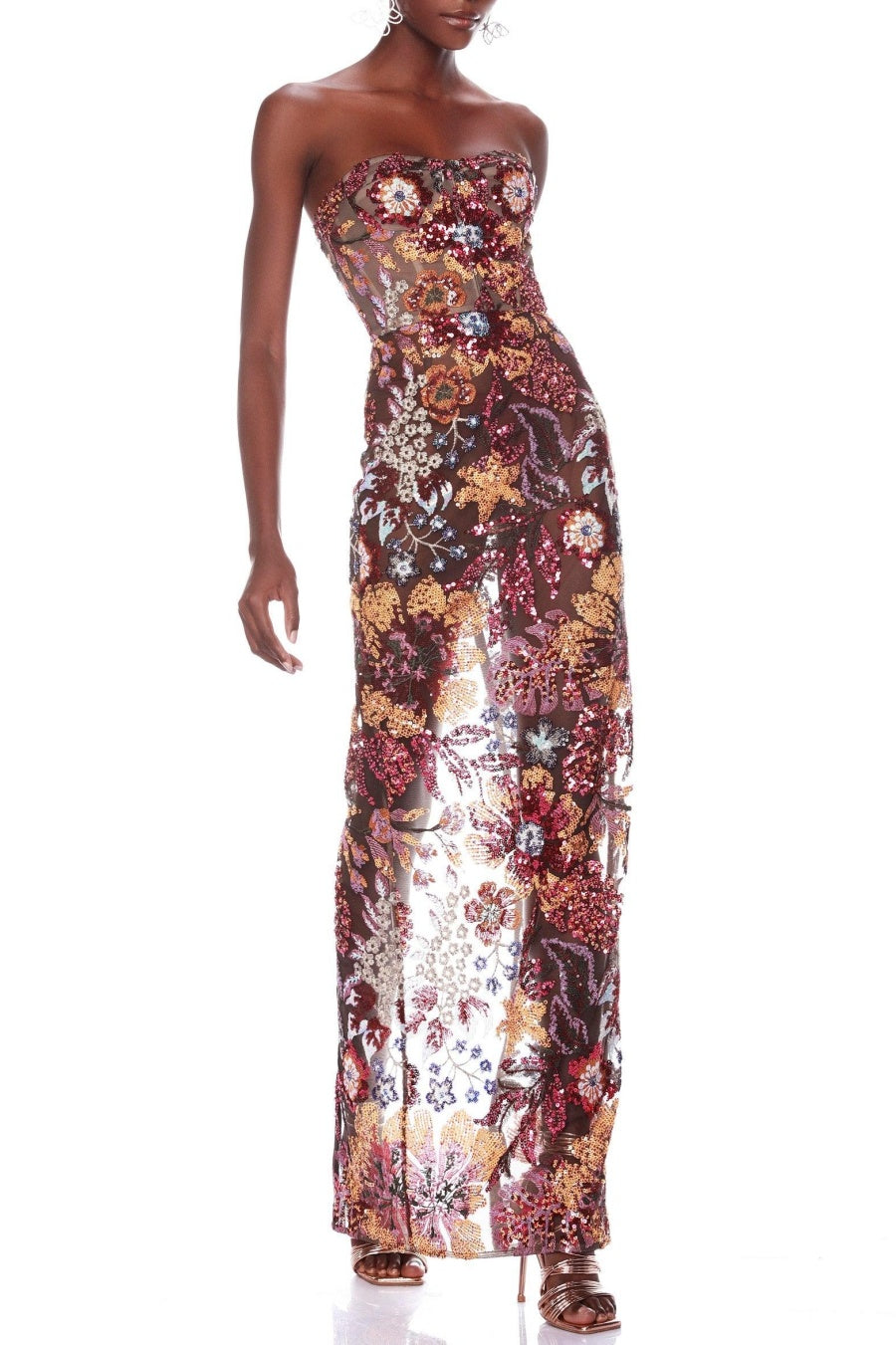Elara Floral Sequin Embroidered Strapless Maxi Dress - Red