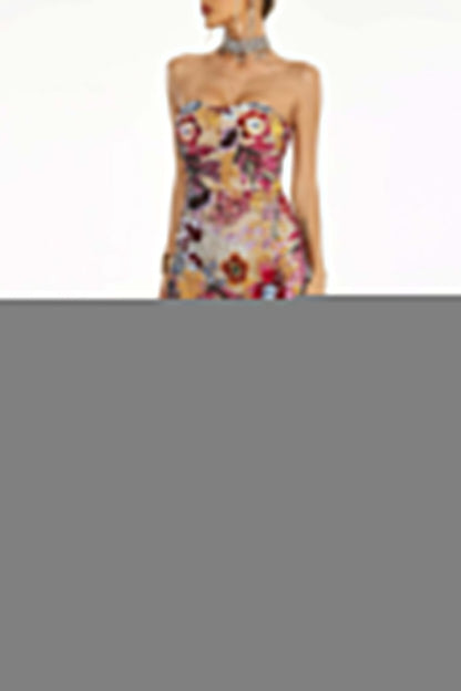 Elara Floral Sequin Embroidered Strapless Maxi Dress - Red