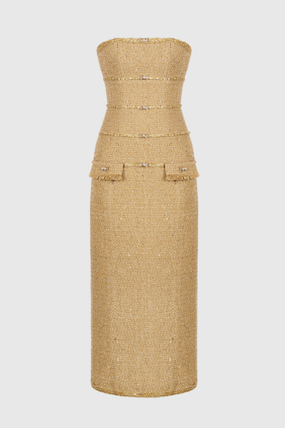 Elborno Gold Embellished Strapless Midi Dress