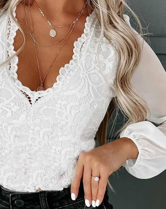 DressBetty - Elegant Contrast Mesh Long Sleeve Lace Top Fashion Woman Blouses Shirt