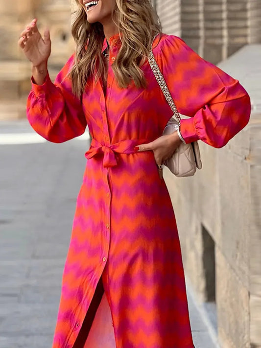 DressBetty - 2024 Elegant Lady Tie Dye Ruffled Lace Up Waist V-neck Maxi Dress