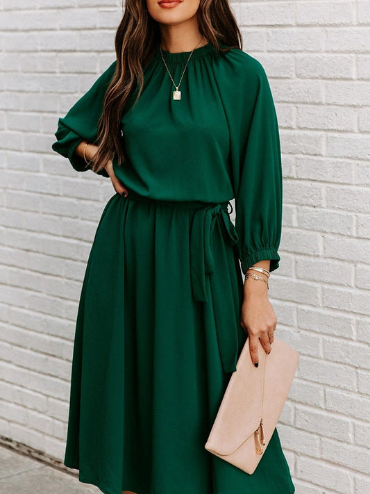 DressBetty - Elegant Office Dress Formal Loose Green Long Sleeve Belt A-Line Midi Dresses