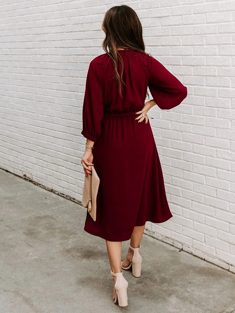 DressBetty - Elegant Office Dress Formal Loose Green Long Sleeve Belt A-Line Midi Dresses