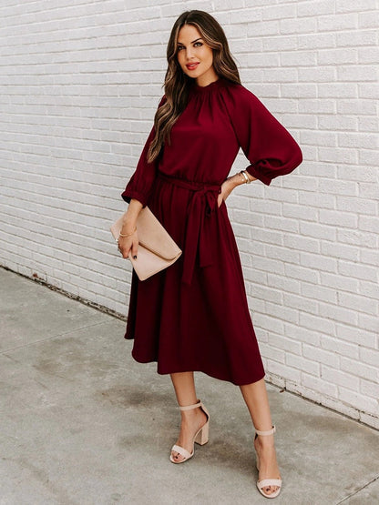 DressBetty - Elegant Office Dress Formal Loose Green Long Sleeve Belt A-Line Midi Dresses