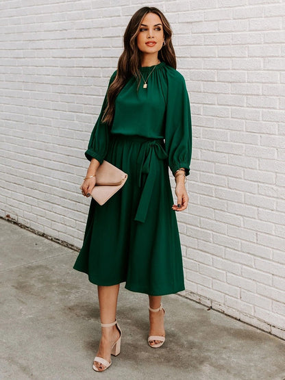 DressBetty - Elegant Office Dress Formal Loose Green Long Sleeve Belt A-Line Midi Dresses