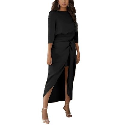 DressBetty - 2024 Satin Elegance Long Sleeve Tie Waist Side Slit Midi Dress