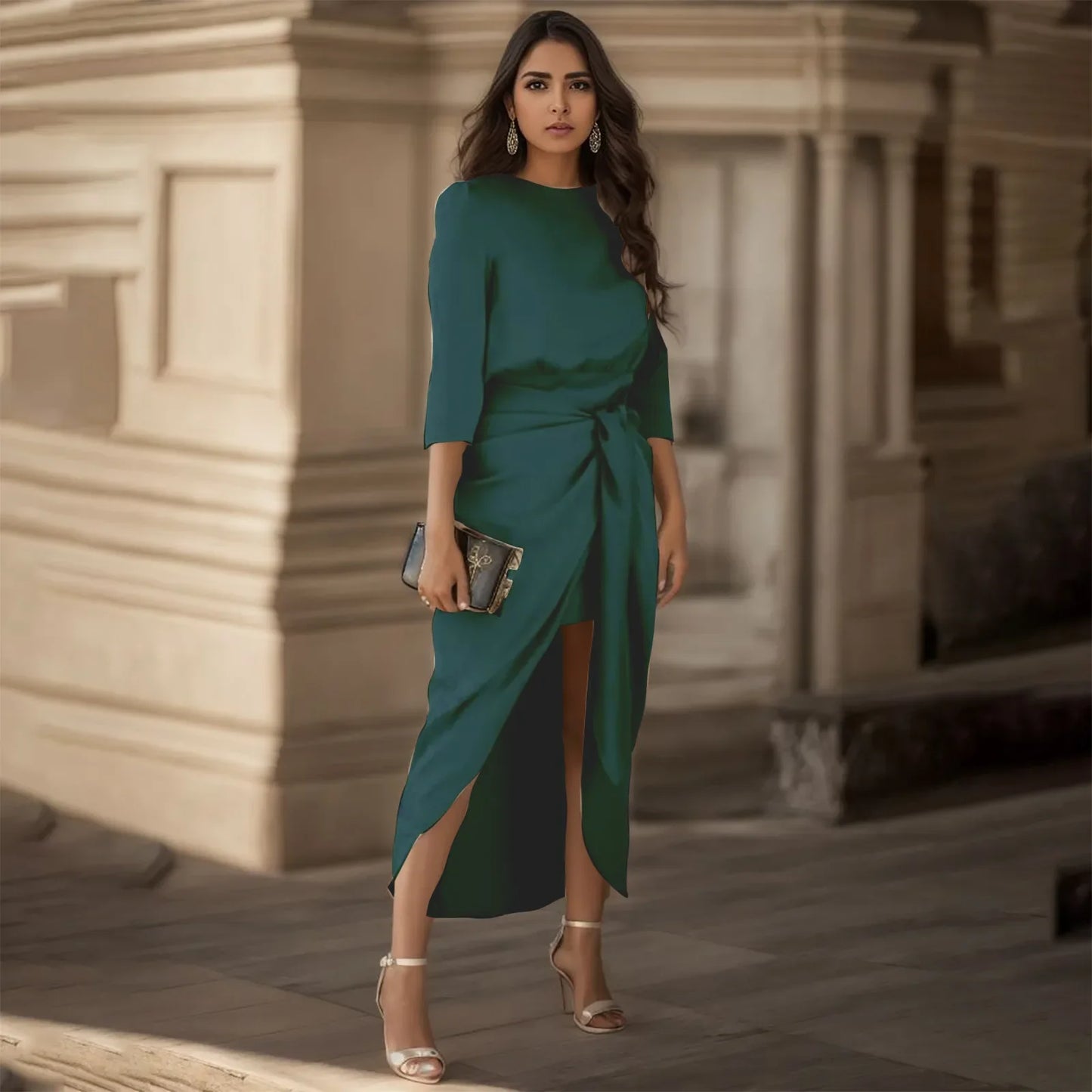 DressBetty - 2024 Satin Elegance Long Sleeve Tie Waist Side Slit Midi Dress