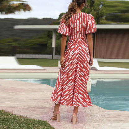 DressBetty - 2024 Elegant Boho Stripe Print V-Neck Puff Sleeve Midi Dress