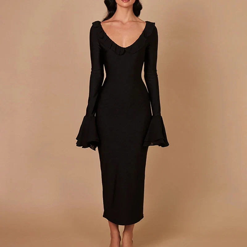 DressBetty - 2024 Elegant Solid Color O Neck Flare Sleeve Lace-up Ruffles Maxi Dress