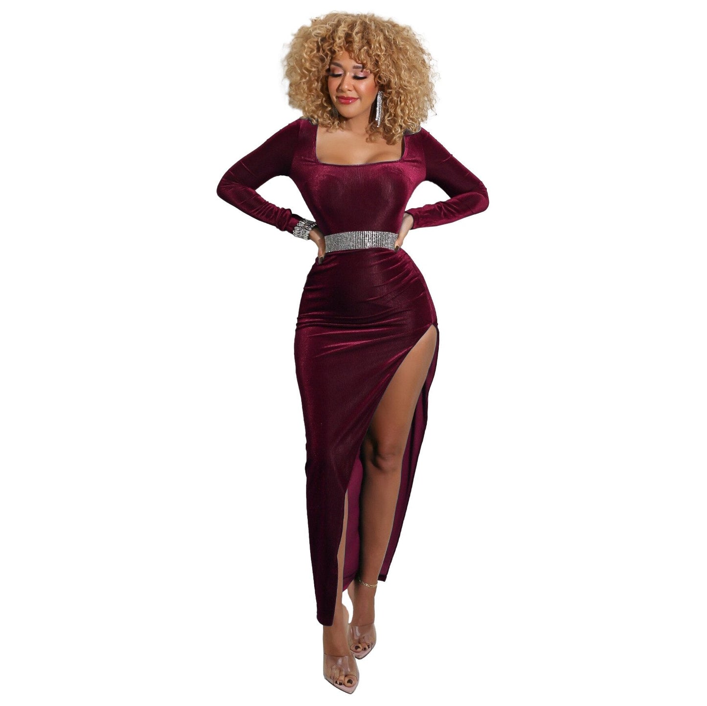 DressBetty - Elegant Velvet High Waist Slit Maxi Dress Sexy Long Sleeve Evening Party Dress