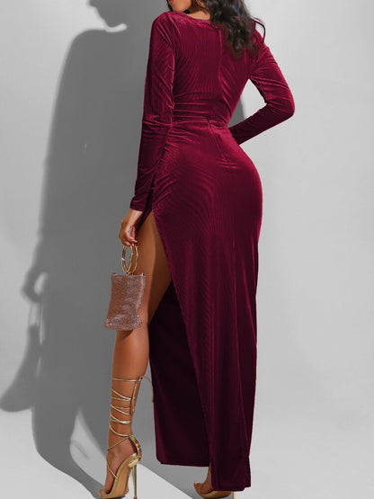 DressBetty - Elegant Velvet High Waist Slit Maxi Dress Sexy Long Sleeve Evening Party Dress