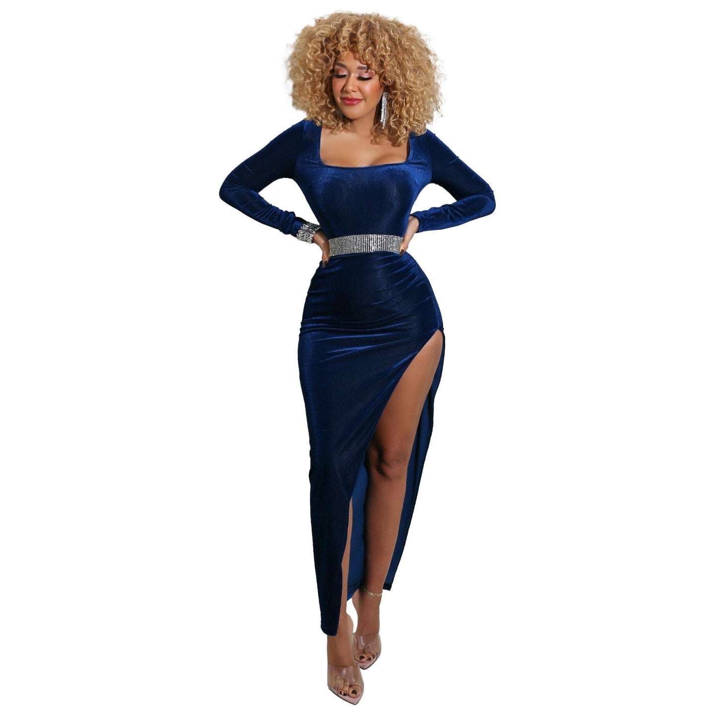 DressBetty - Elegant Velvet High Waist Slit Maxi Dress Sexy Long Sleeve Evening Party Dress