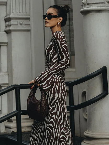 DressBetty - 2024 Vintage Zebra Print Sexy Long Sleeve Party Maxi Dress