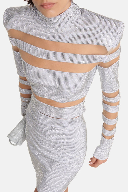 Elysia Mesh-paneled Crystal Embellished Top - Silver