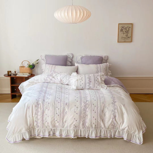 Embroided French Lace Ruffle Bedding Set