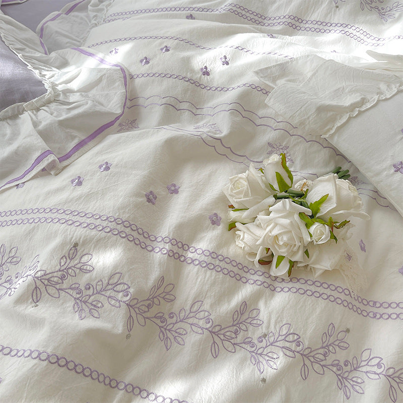 Embroided French Lace Ruffle Bedding Set