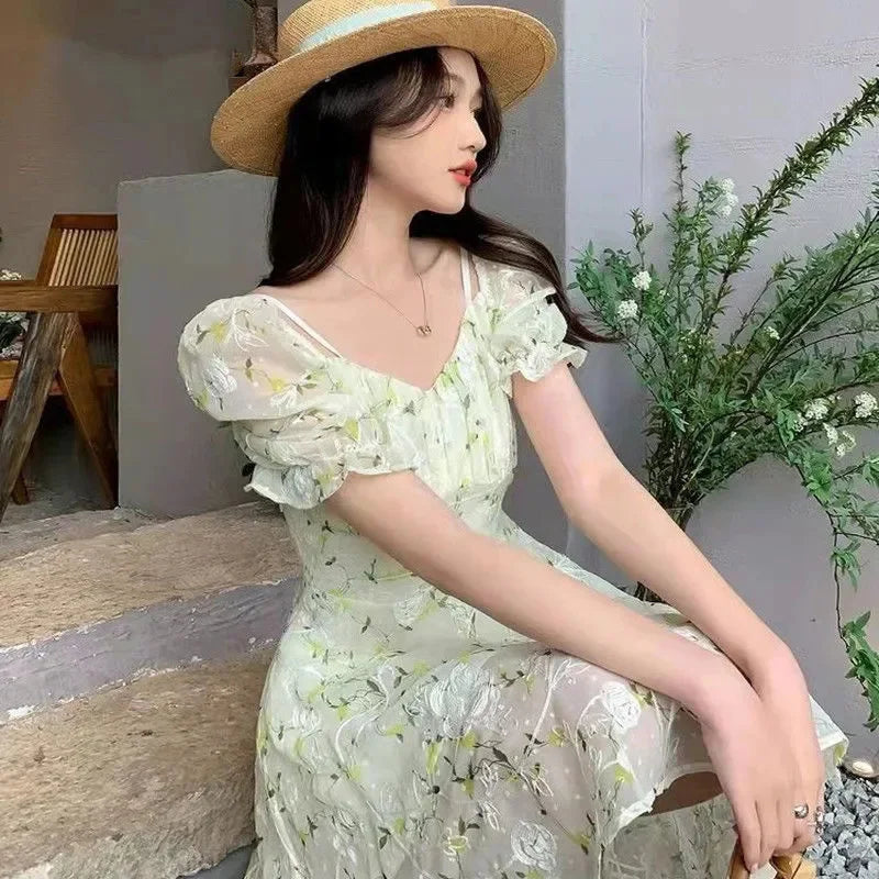 DressBetty - 2024 Fairycore Embroidery French Temperament Light Green Mini Floral Dress