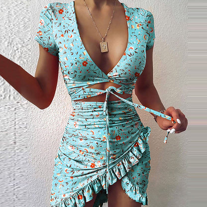 DressBetty - Floral Print Fashion Tie Up Wrap Mini Dress