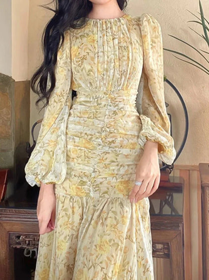 DressBetty - 2024 Elegant Floral Print Lace Long Sleeve Floral Dress