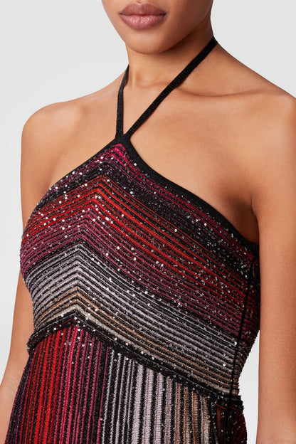 Fltya Halter Metallic Gradient Knit Maxi Dress - Red