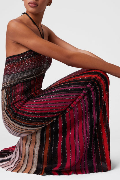 Fltya Halter Metallic Gradient Knit Maxi Dress - Red