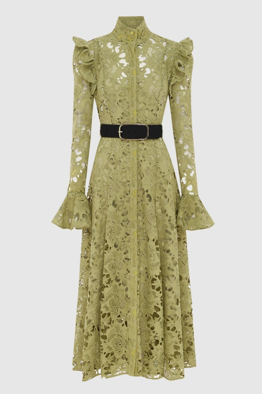 Freya Ruffle Lace-embroidered Belted Midi Dress - Green