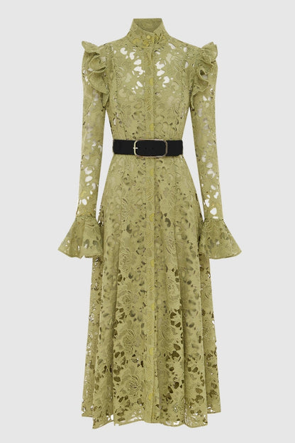 Freya Ruffle Lace-embroidered Belted Midi Dress - Green