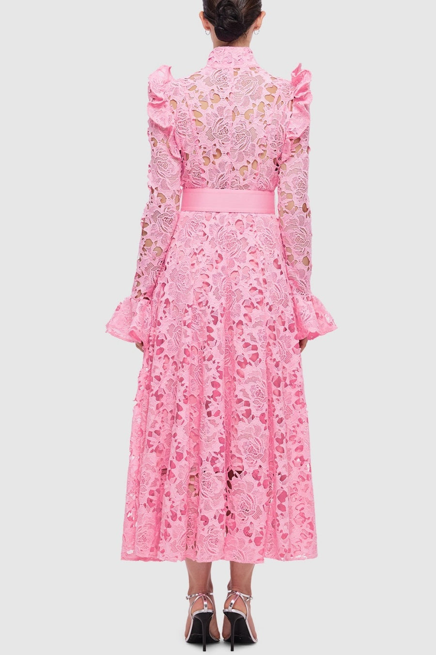 Freya Ruffle Lace-embroidered Belted Midi Dress - Pink