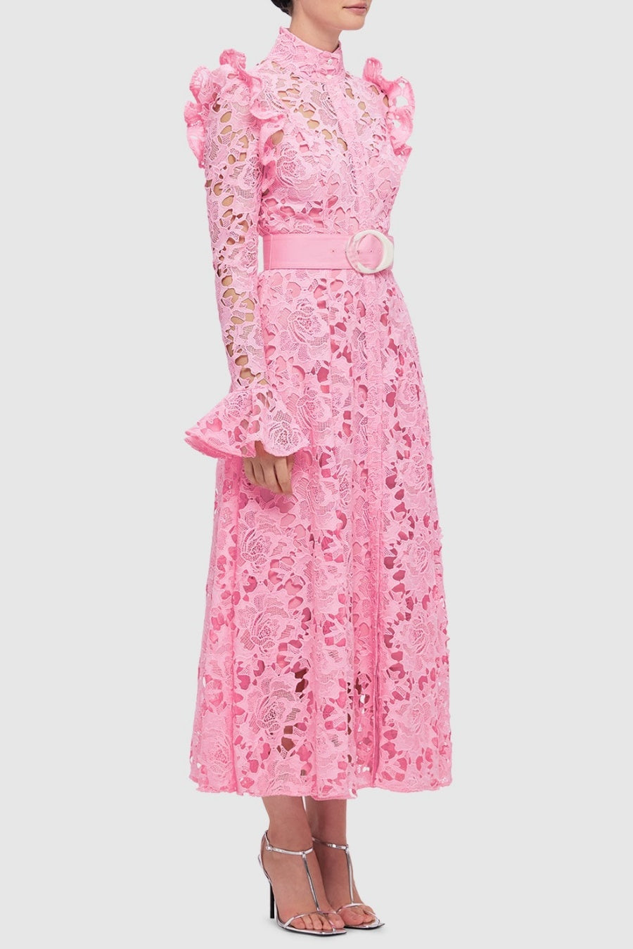 Freya Ruffle Lace-embroidered Belted Midi Dress - Pink