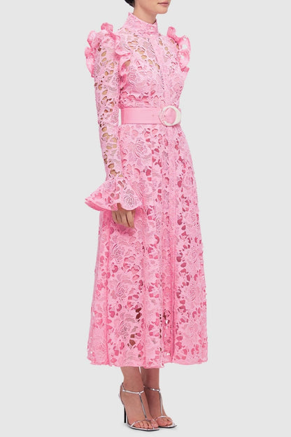 Freya Ruffle Lace-embroidered Belted Midi Dress - Pink