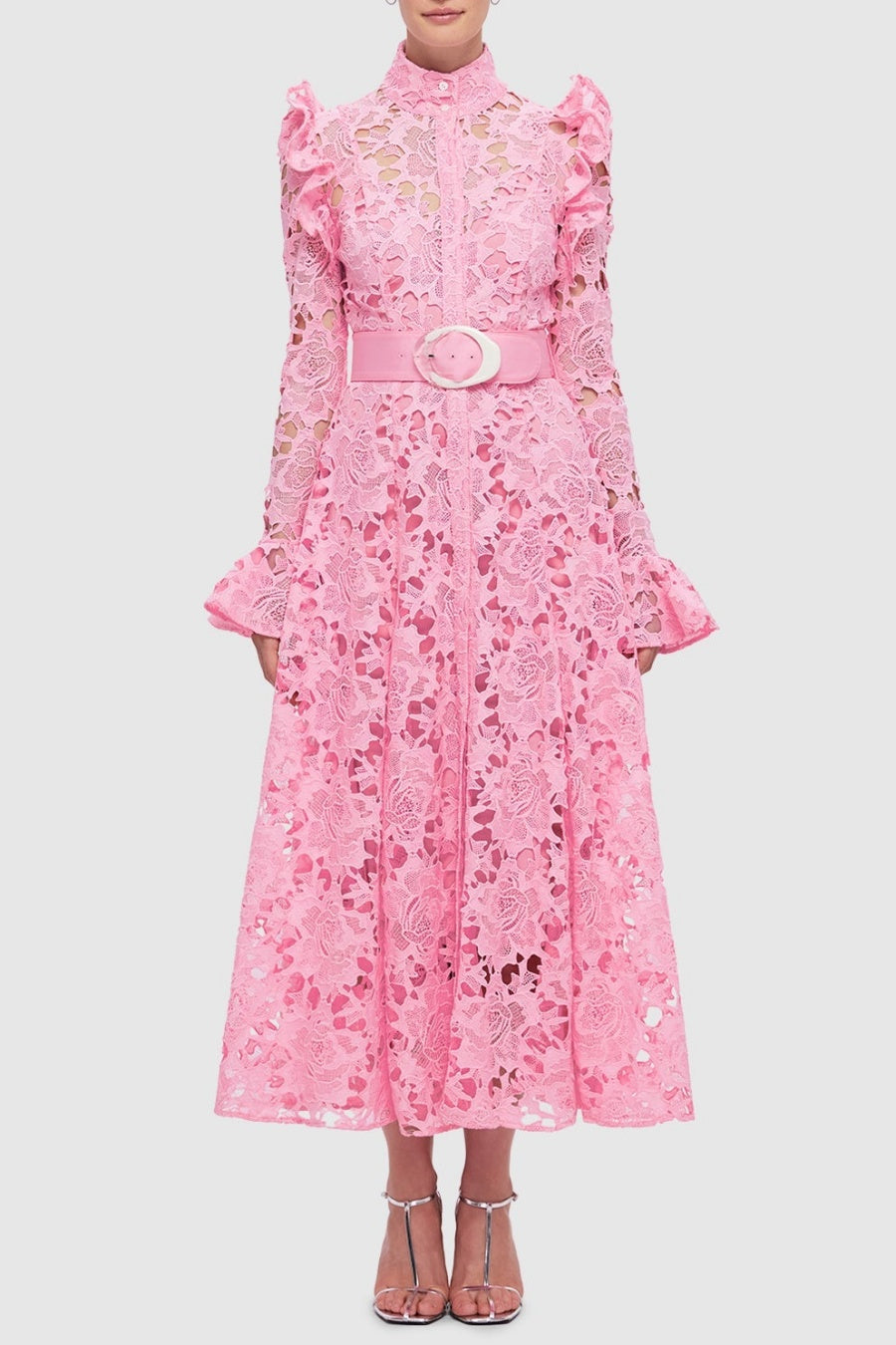 Freya Ruffle Lace-embroidered Belted Midi Dress - Pink