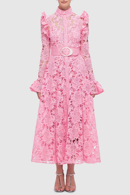 Freya Ruffle Lace-embroidered Belted Midi Dress - Pink
