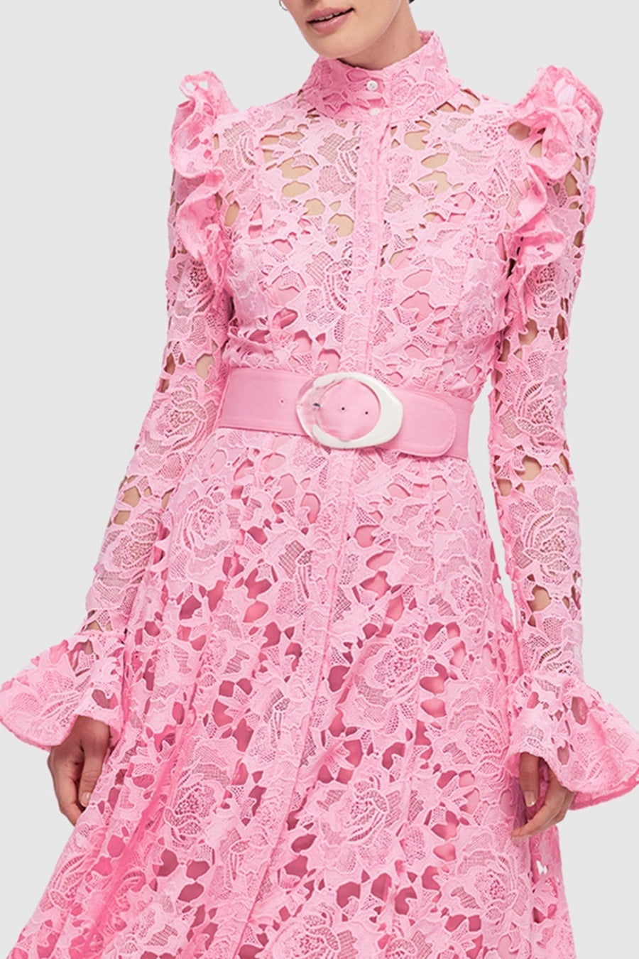 Freya Ruffle Lace-embroidered Belted Midi Dress - Pink