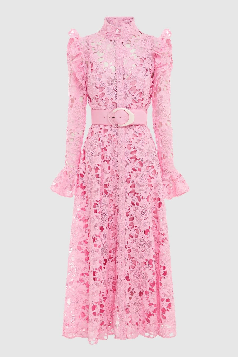 Freya Ruffle Lace-embroidered Belted Midi Dress - Pink