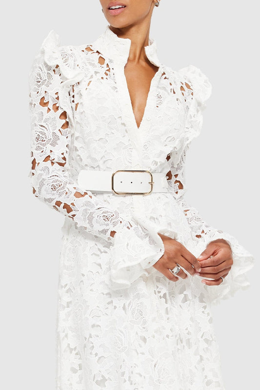 Freya Ruffle Lace-embroidered Belted Midi Dress - White