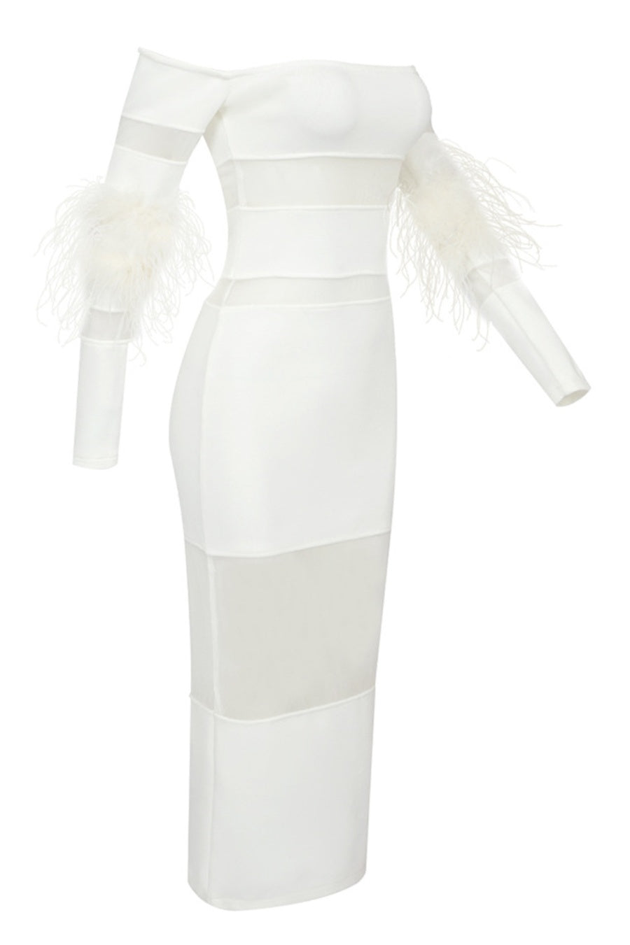 Genesis Off Shoulder Feather Mesh Midi Bandage Dress - White