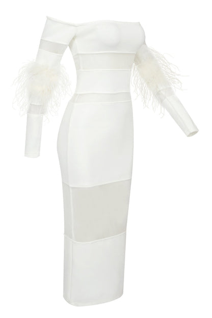 Genesis Off Shoulder Feather Mesh Midi Bandage Dress - White