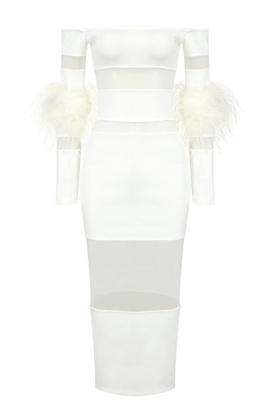 Genesis Off Shoulder Feather Mesh Midi Bandage Dress - White