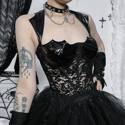 Gothic PU Leather Steampunk Grunge Vintage Lace Mesh Sexy Sleeveless Crop Top