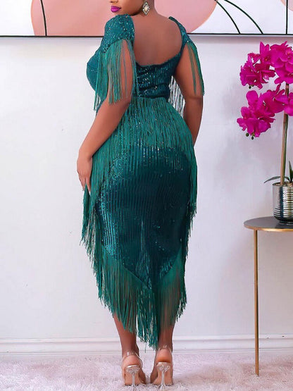 DressBetty - Green Tassel Sexy Irregular Length Sequins Retro Evening Cocktail Party Outfits