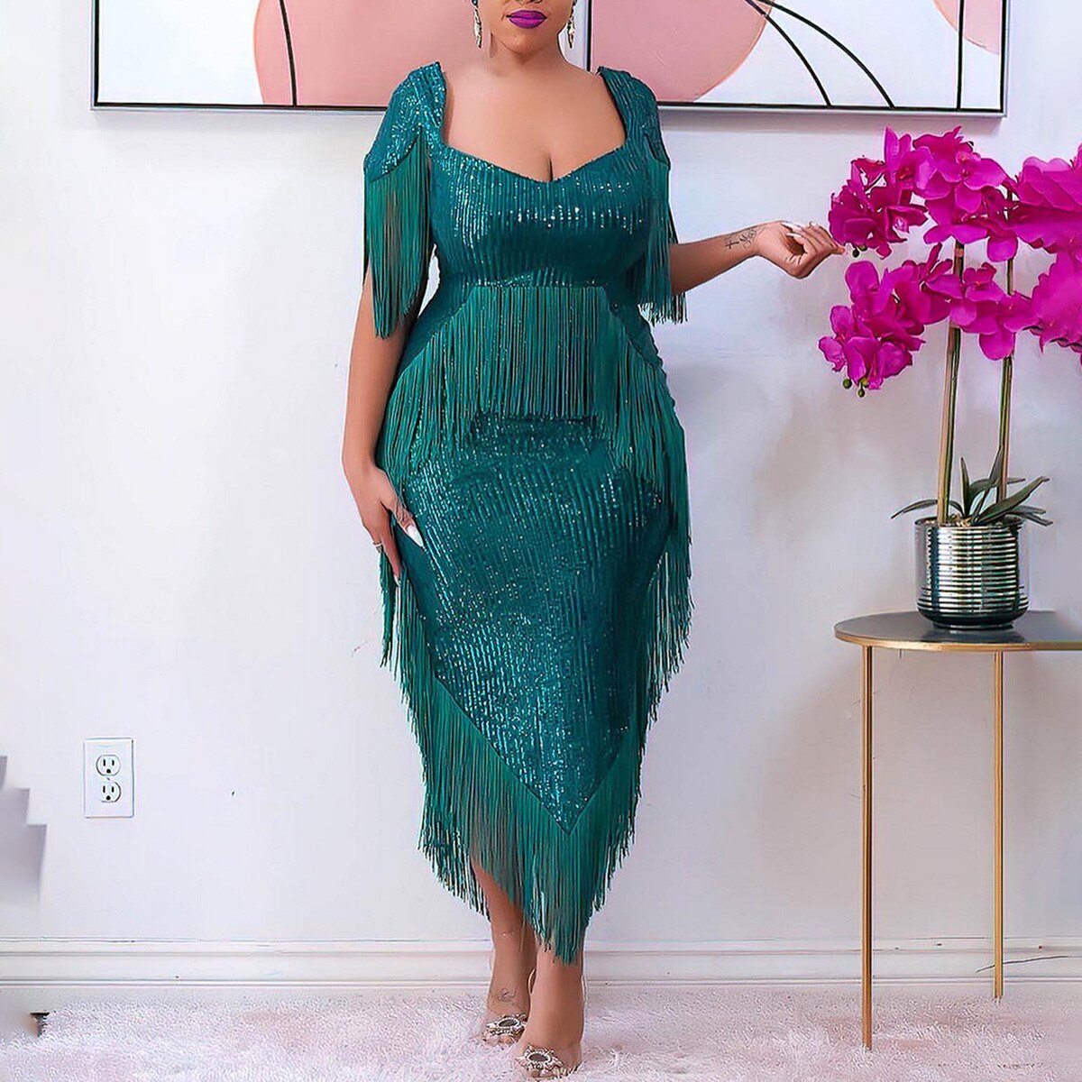 DressBetty - Green Tassel Sexy Irregular Length Sequins Retro Evening Cocktail Party Outfits