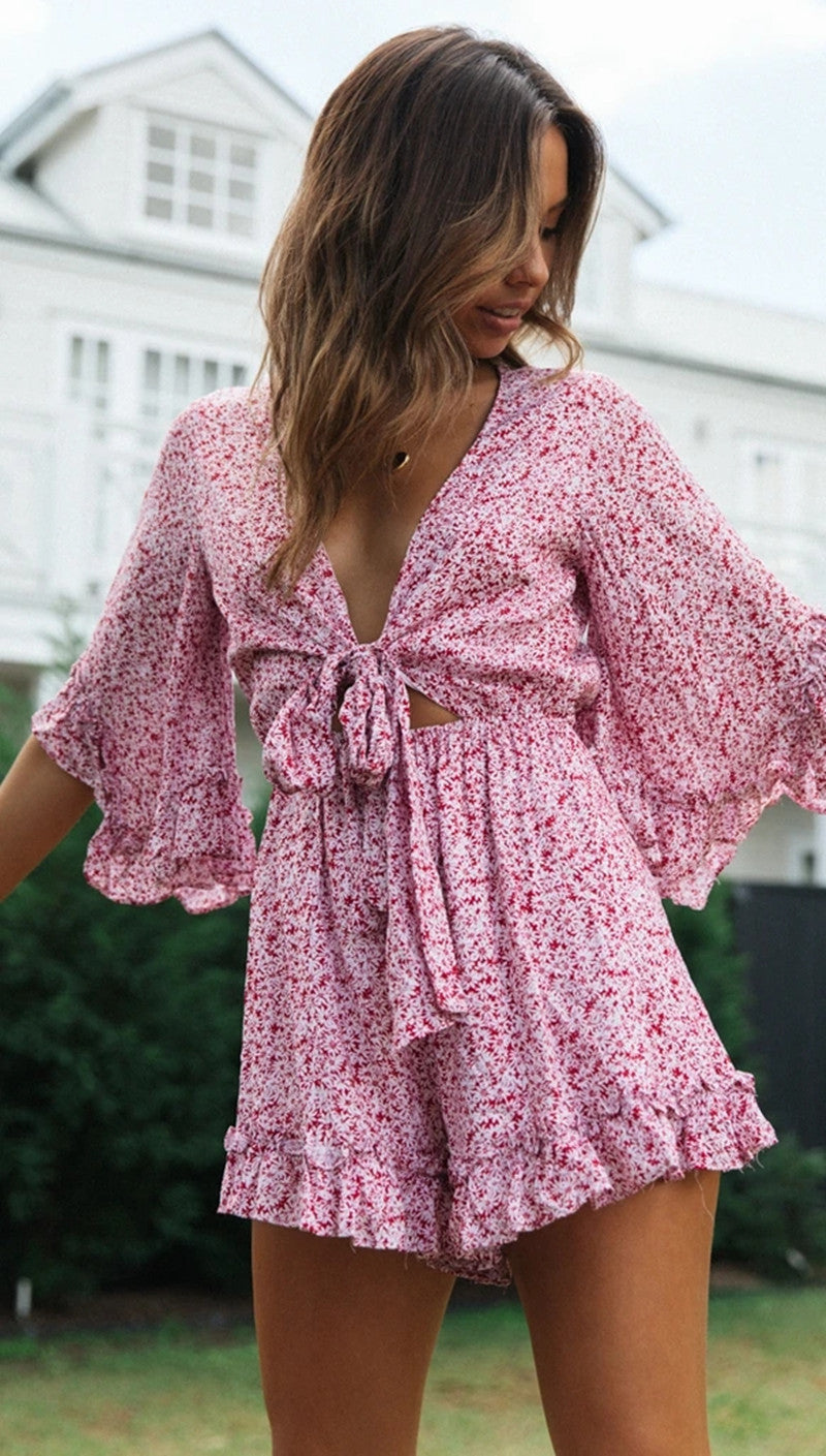 DressBetty - Floral Ruffles Loose V-Neck Romper