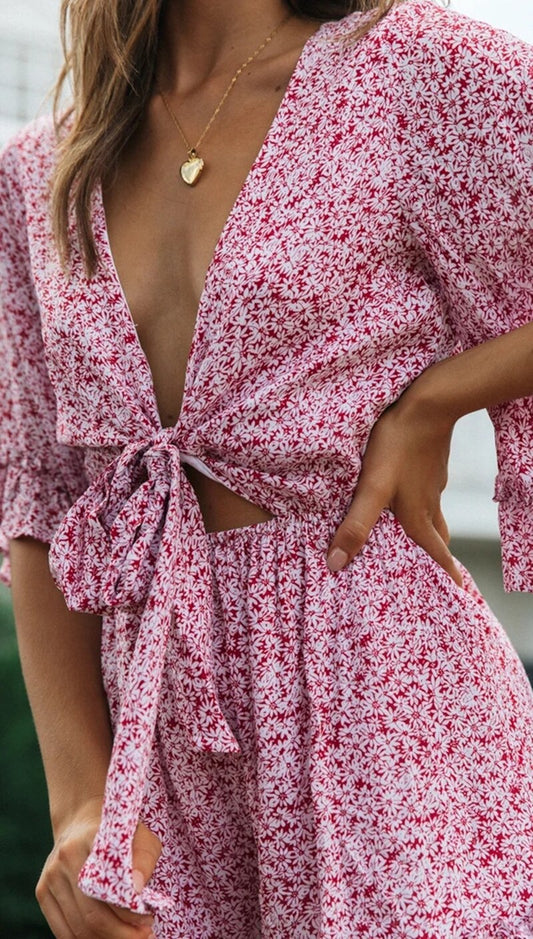 DressBetty - Floral Ruffles Loose V-Neck Romper