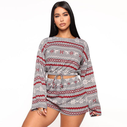 DressBetty - Christmas Pajama Sets Long Sleeve Crop Top Shorts 2Pcs Snowflake Print Knitted