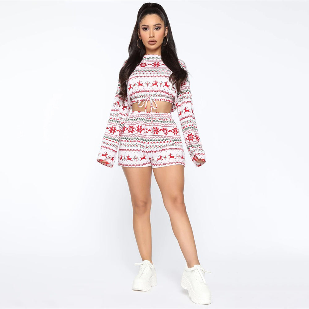 DressBetty - Christmas Pajama Sets Long Sleeve Crop Top Shorts 2Pcs Snowflake Print Knitted