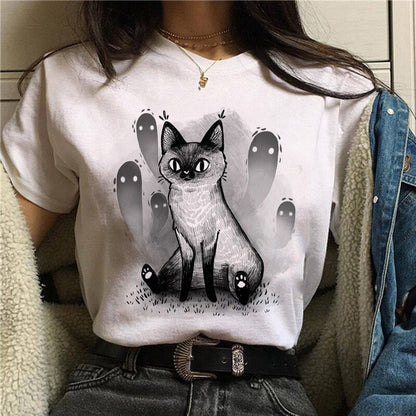 DressBetty - Cute Cartoon Cat Mushroom Print Women T Shirt