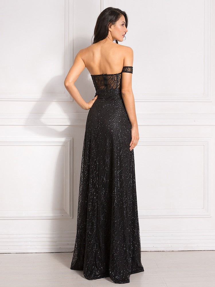 DressBetty - Bling Bling Glitters Floor Length Split Party Dress Backless Long Black Dress