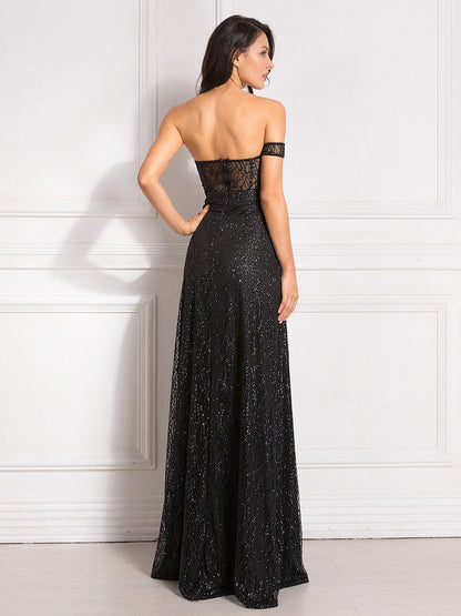 DressBetty - Bling Bling Glitters Floor Length Split Party Dress Backless Long Black Dress