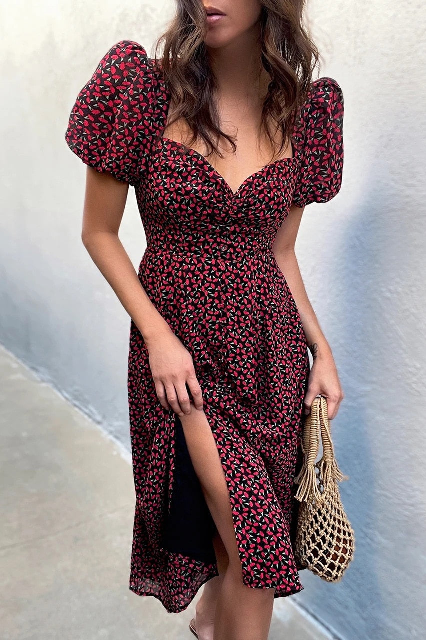 DressBetty - Midi Dress Vintage Floral Print Split Blue Sundress Elegant Party Beach Dress