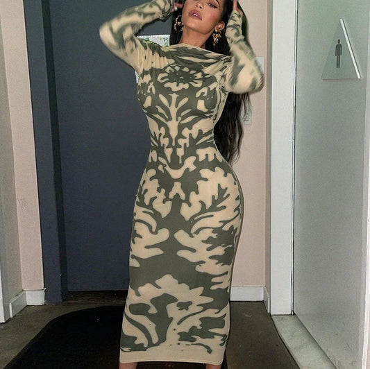 Tie Dye Hollow Long Sleeve Midi Dress